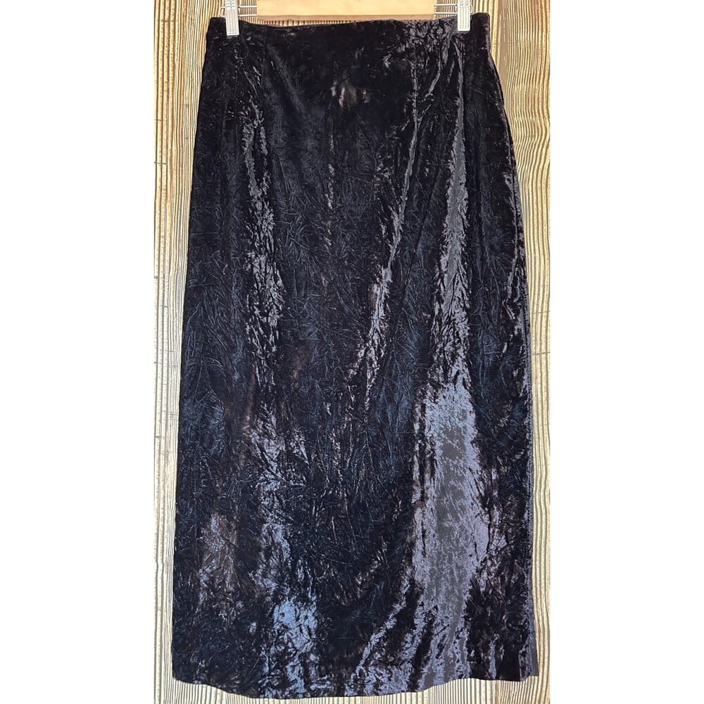 Vintage 90s Y2K Norton Black Crushed Velvet Midi Skirt Sz 14 Gothic Witchy Vamp